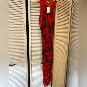 Red Floral Smooth Side-Slit Bodycon Midi Dress